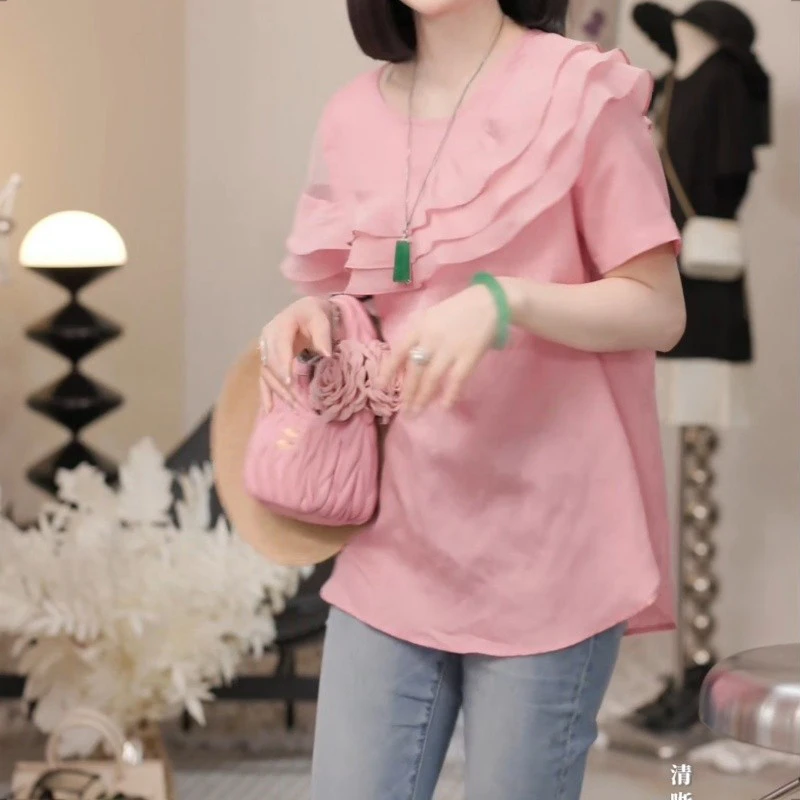 时尚显瘦荷叶边露肩短袖衬衫女2025年夏季新款温柔风减龄雪纺上衣