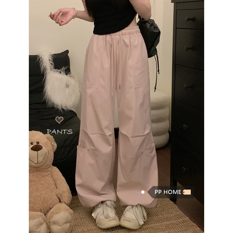 PPHOME松紧腰个性工装裤女夏季抽绳大口袋直筒休闲裤束脚裤拖地裤