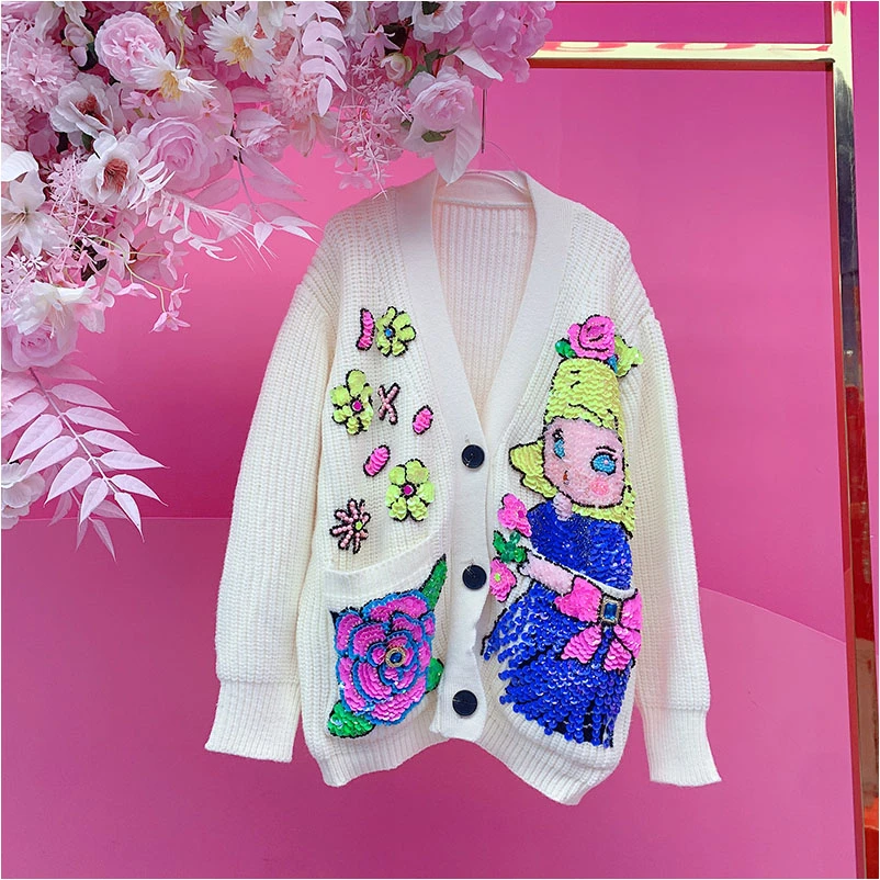 QD1678欧美设计师2025冬季新款重工钉珠刺绣亮片卡通花朵毛衣开衫
