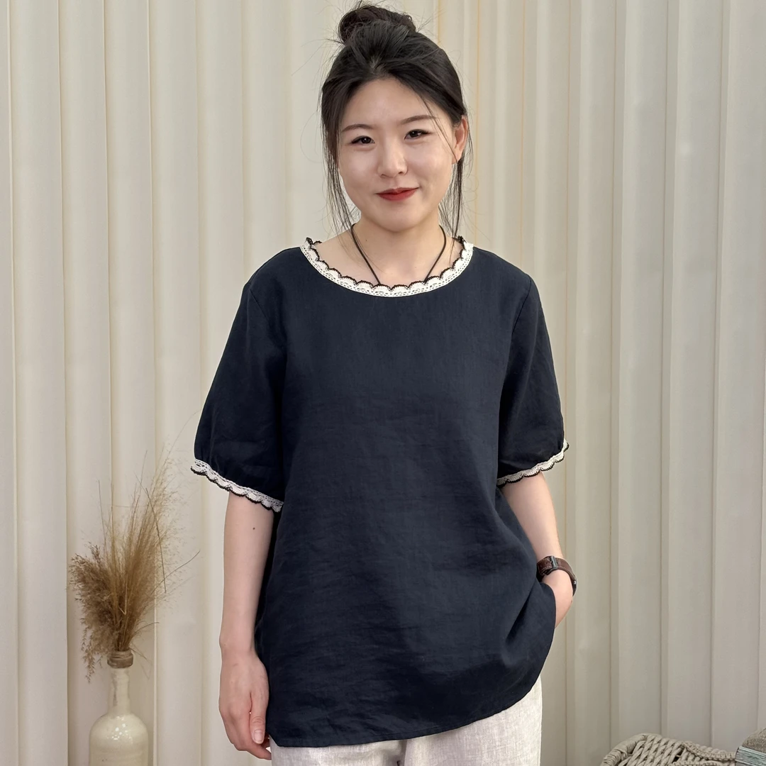 sugiseolryeon【21支】100%汉麻夏季新款花边短袖时尚百搭休闲女士