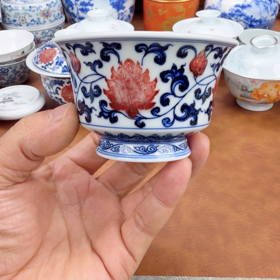 陶摆件微瑕青花釉里红单杯