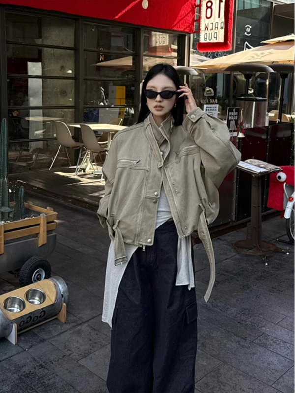 美式特调卡其色工装巴恩风外套女2025早秋立领机车显瘦夹克短外套