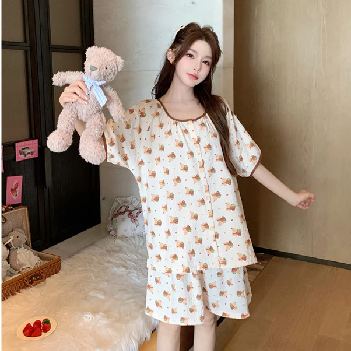 云朵棉大码睡衣女圆领套头宽松休闲加大加肥250斤家居服短袖套装