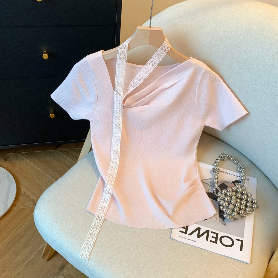 法式飘带上衣女2025夏季新款褶皱收腰气质小衫小个子针织短袖T恤