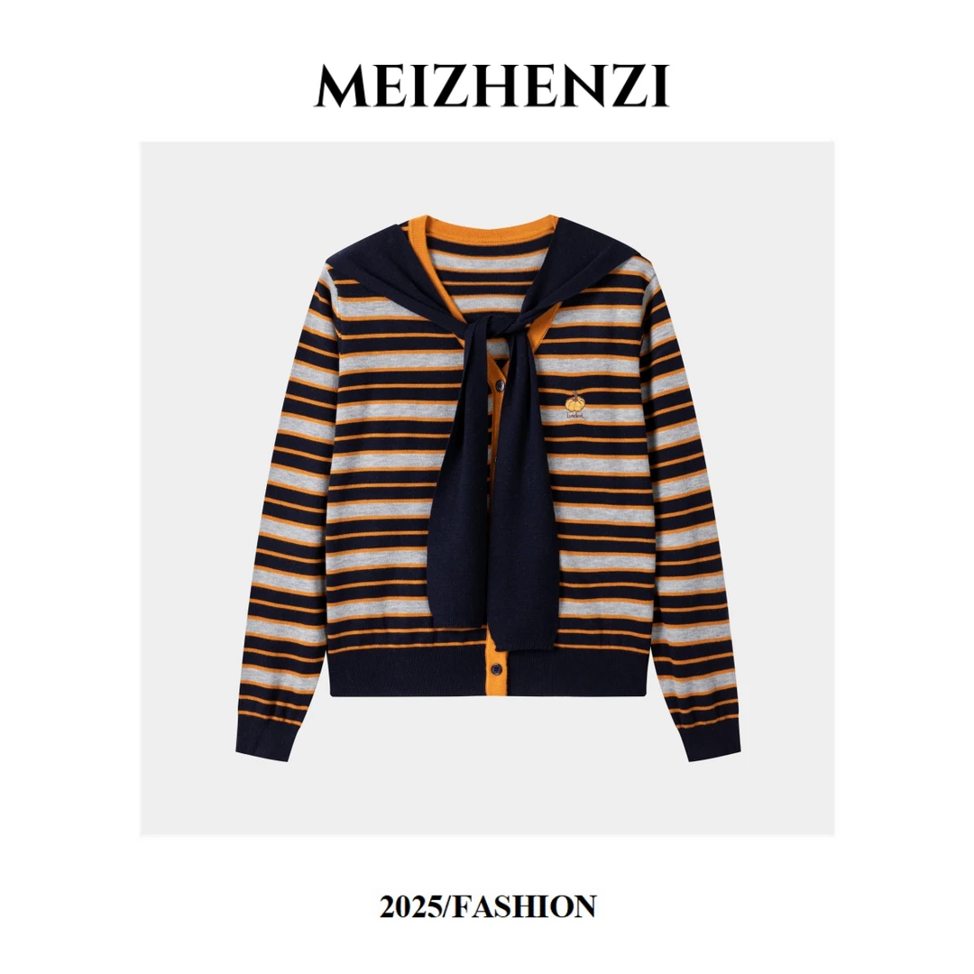 MEIZHENZI【超细绵羊毛】南瓜刺绣条纹针织开衫女秋季V领毛衣#320