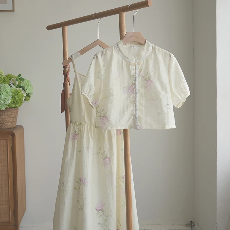 4681《月落秋水》原创夏季森系小清新套装新中式国风吊带裙两件套