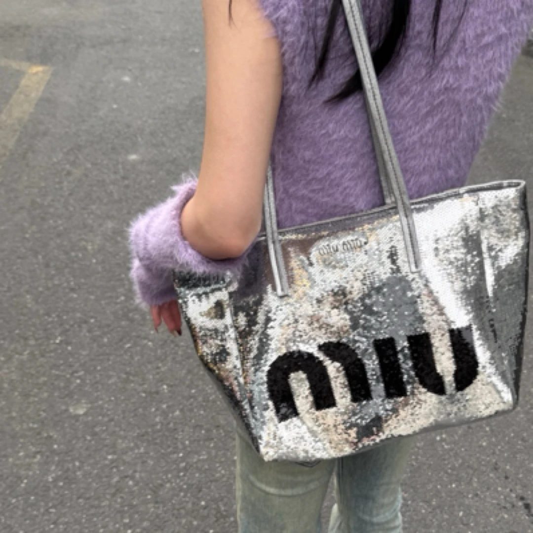 95新 MIU MIU/缪缪 MIUMIU银色亮片包托特包