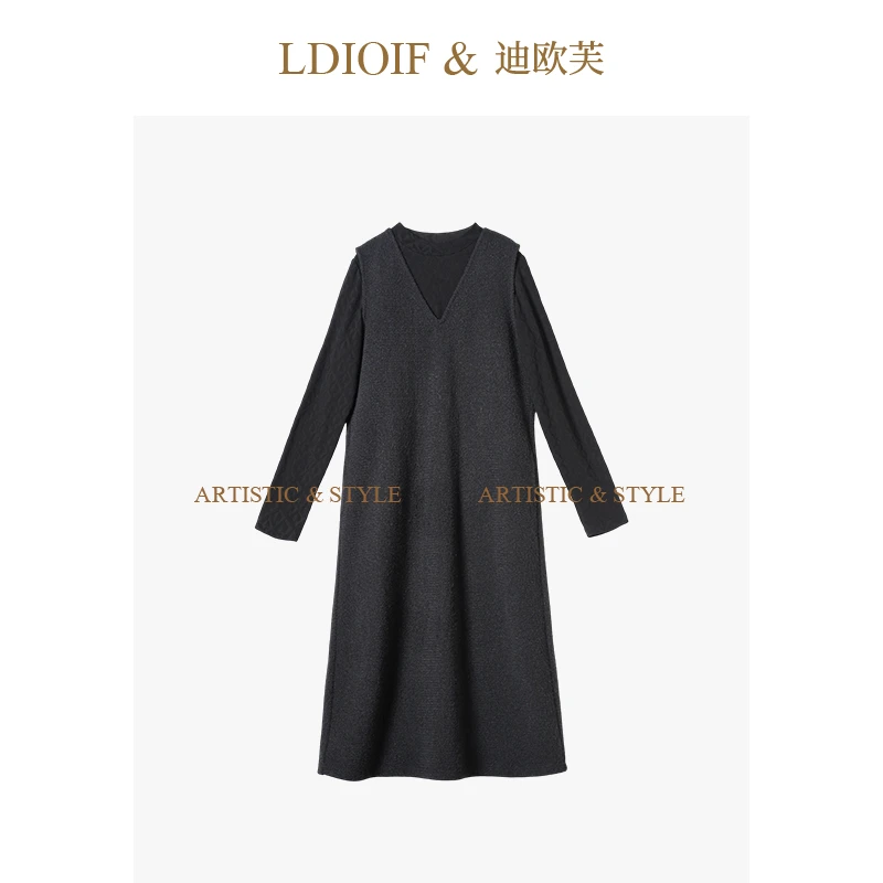 【两件套】黑色长毛绒简约圆领背心裙打底衫套装#TZ18837