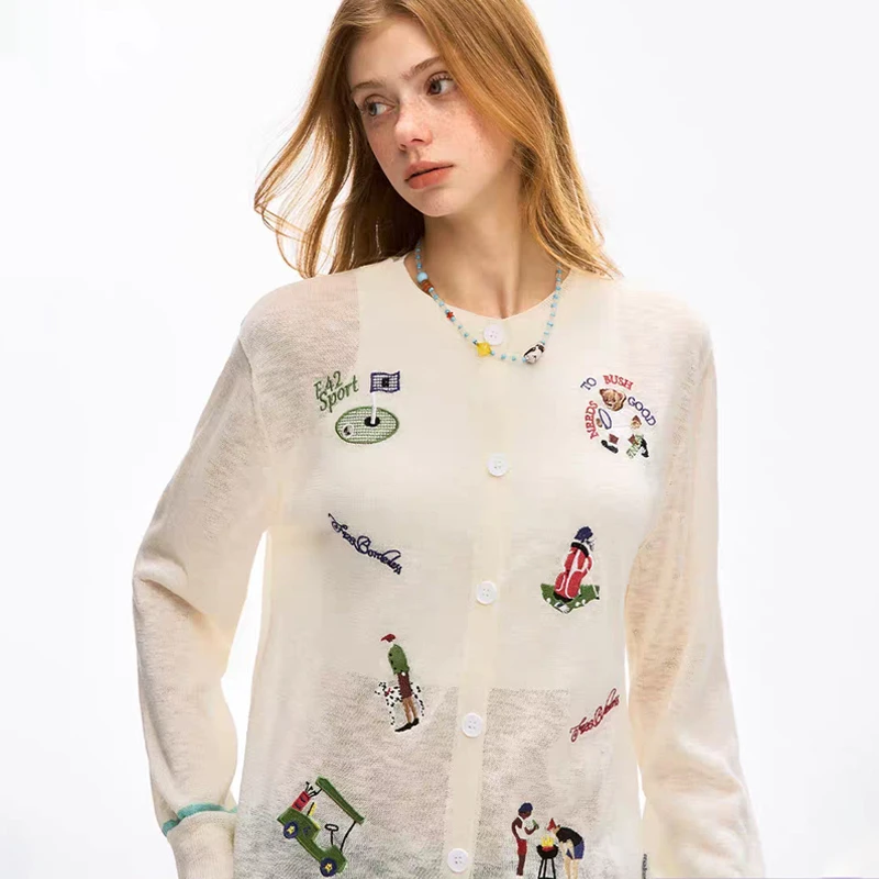 AD1S WPKD1趣味运动刺绣撞色针织开衫秋季防晒休闲时尚罩衫女