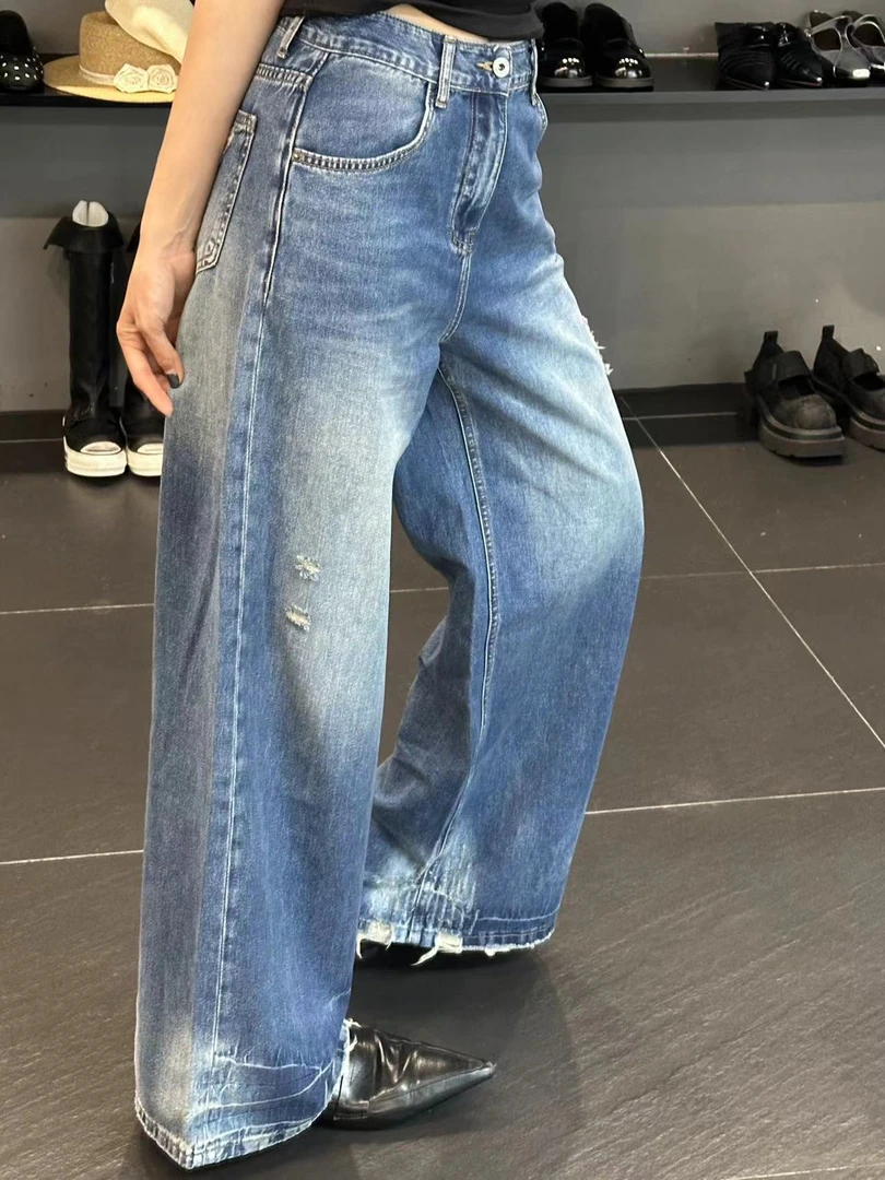 夏季破洞牛仔裤宽松水洗高街显瘦百搭牛仔裤