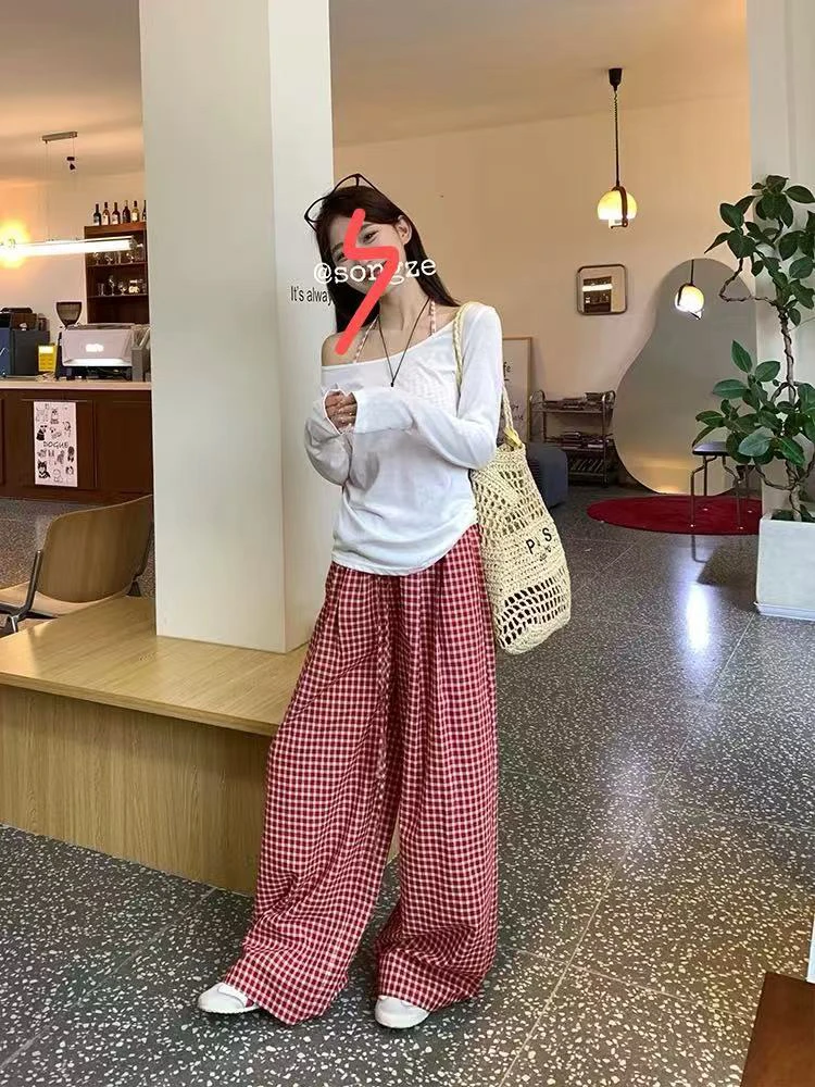 宋正恩慵懒感格子阔腿休闲裤