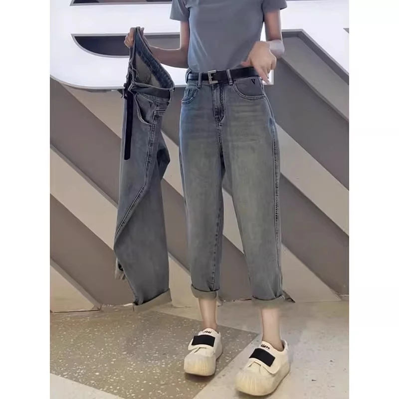 梨形身材哈伦牛仔裤女秋季新款大码胖mm高腰弹力显瘦萝卜老爹裤子