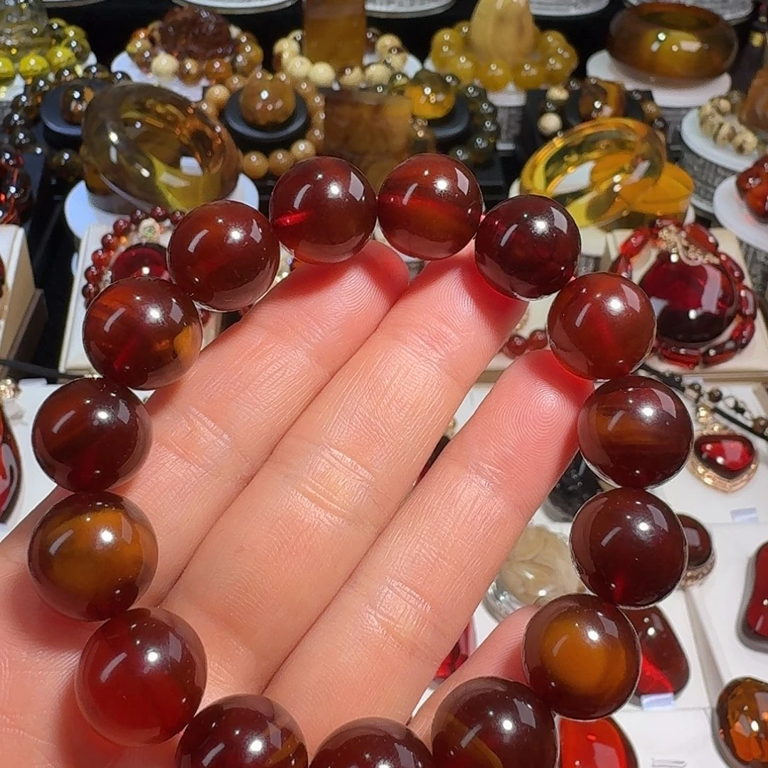琥珀未镶嵌裸石天然缅甸琥珀红蜜手串，一刀料，规格14+