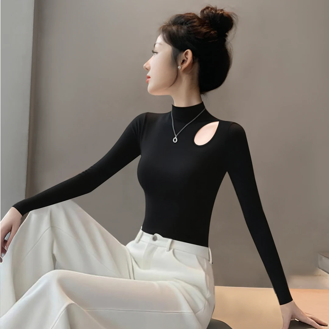 2025新款秋季黑色半高领修身长袖T恤女设计感打底衫内搭上衣