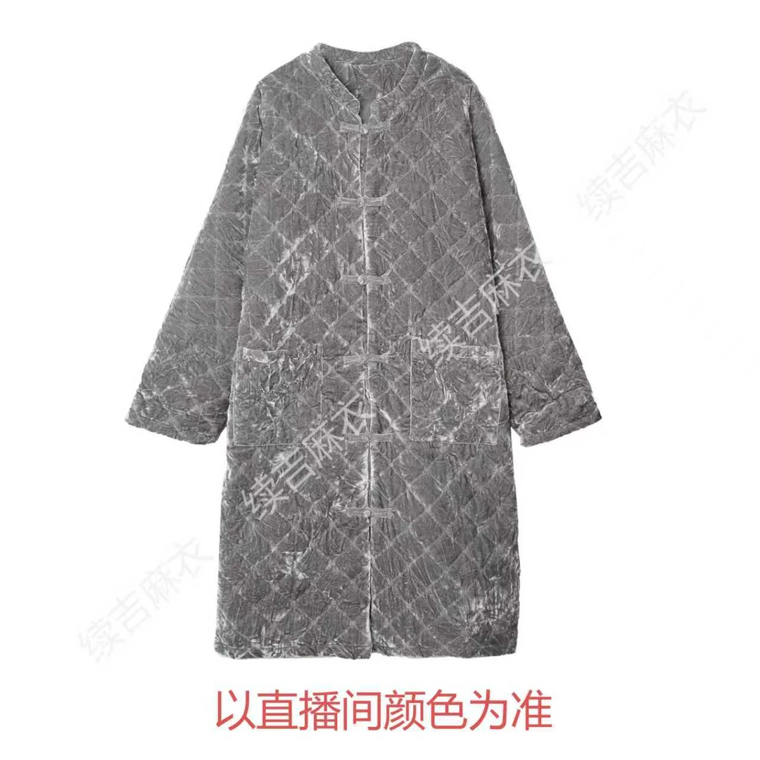 冬-续吉麻衣25-2234【秋无霜】立领盘扣丝绒中长款棉衣
