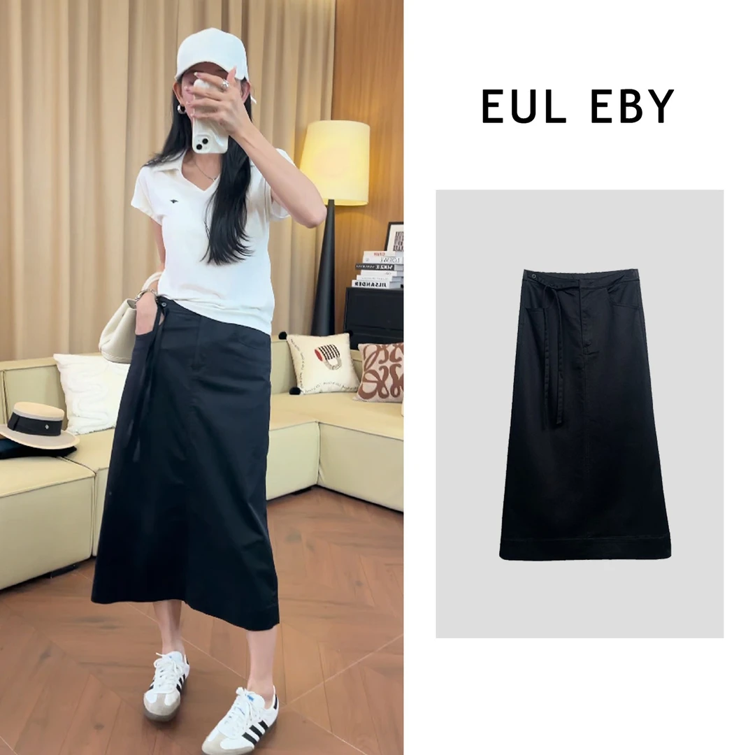 “飘带设计“半身裙通勤高腰后开叉系带时尚直筒中长款裙子241393#