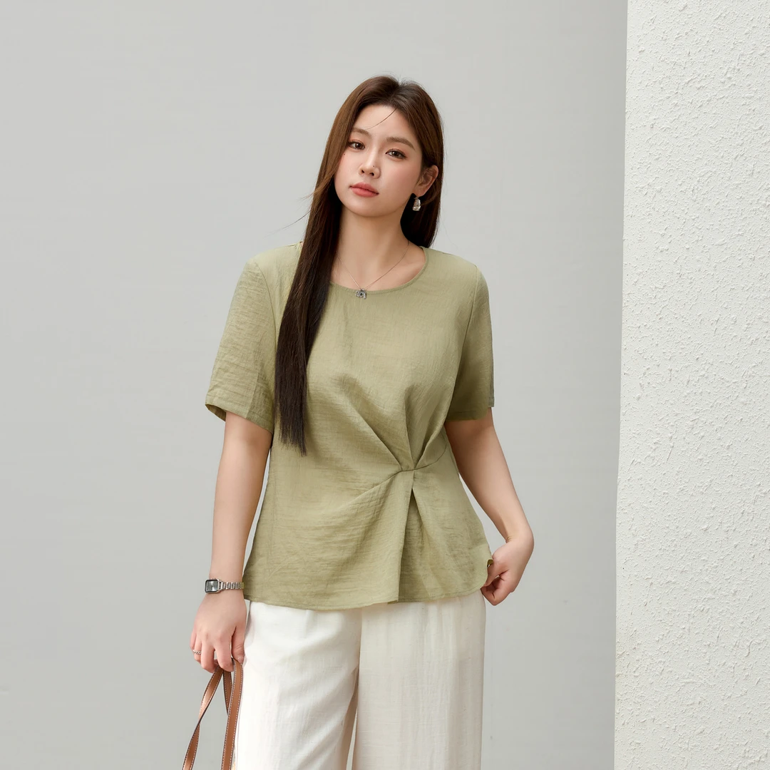 【雾都留白】纤莉秀W大码女装欧若风设计感亚麻混纺显瘦衬衫QK0962