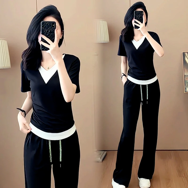 高含棉时尚遮肉运动服套装女2025夏季新款假两件上衣阔腿裤两件套