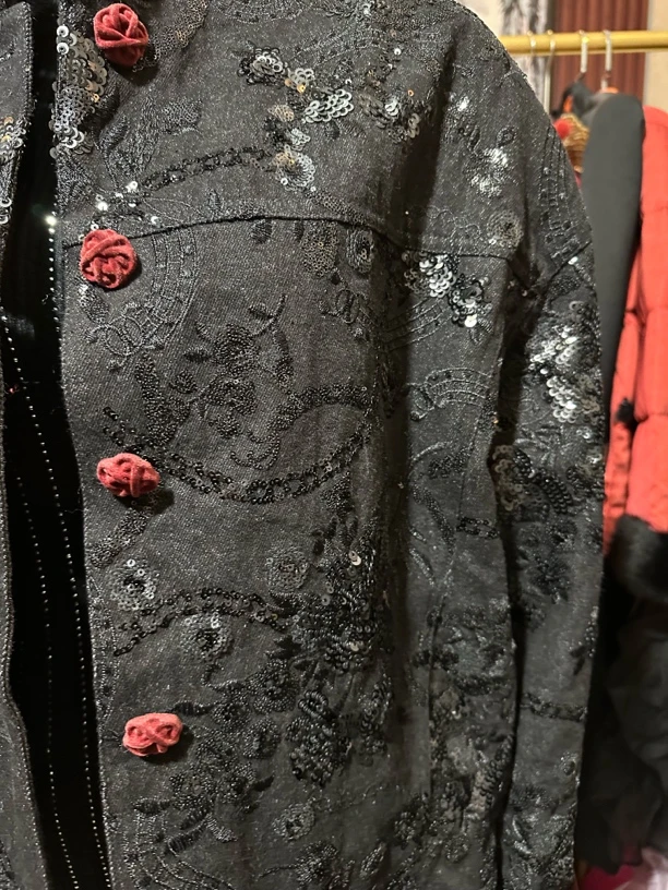 单排扣厚款拼接短外套大衣短款重工女款牛仔时尚印花开衫中式