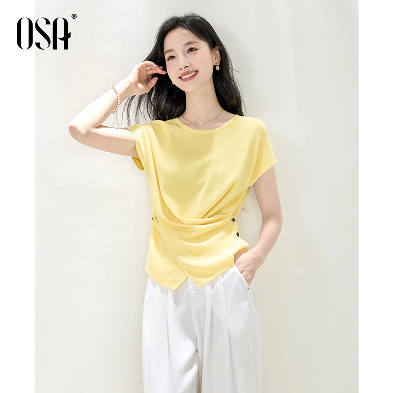 OSA/欧莎 欧若风松弛感不规则薄款短袖针织小衫女夏S125B16051