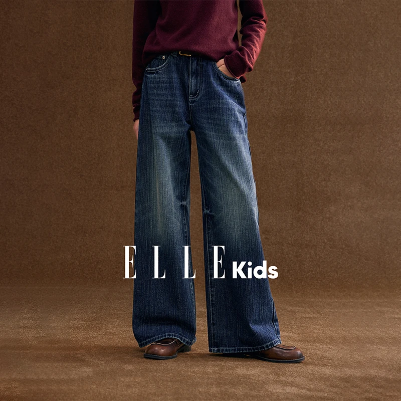 ELLEKIDS童装 复古竹节休闲牛仔裤女儿童冬季新款宽松直筒裤子D6