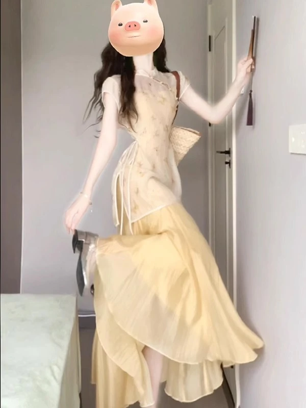 高个子旗袍170以上加长版改良旗袍连衣裙女夏季中国风长裙两件套