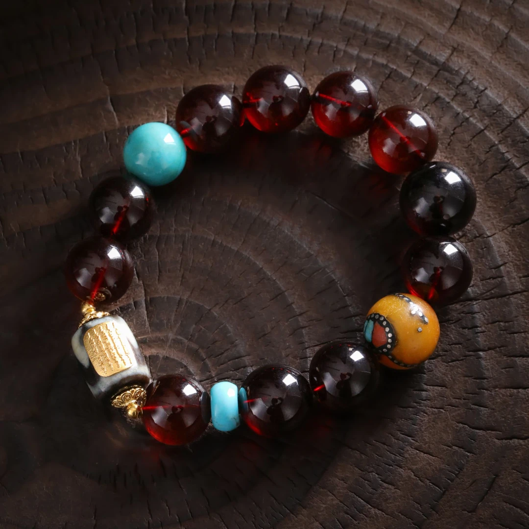 925银手链 S12294 五条经文几何桶珠红色泊串珠手链