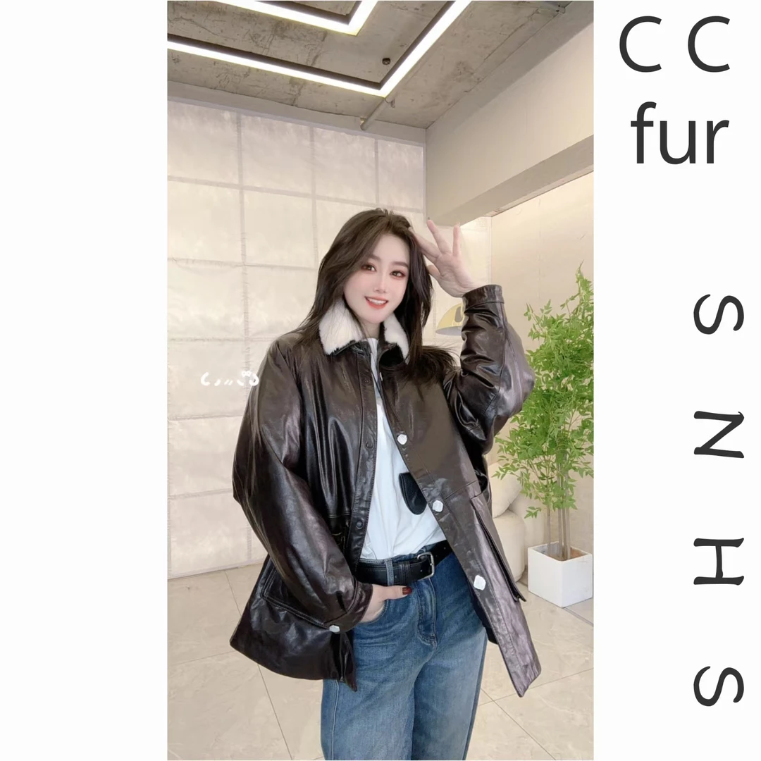 [CC FUR]"8069"设计师女洋气真皮外套冬季油蜡皮水貂领鸭绒羽绒服