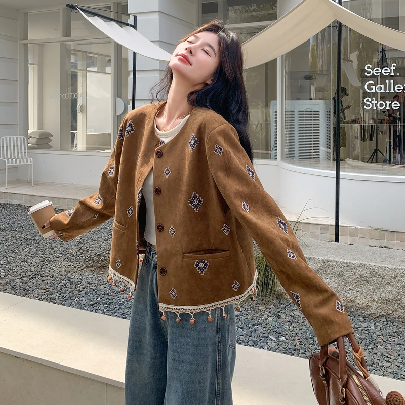 复古民族风菱格刺绣短外套女2025春秋新款百搭显瘦洋气麂皮绒上衣