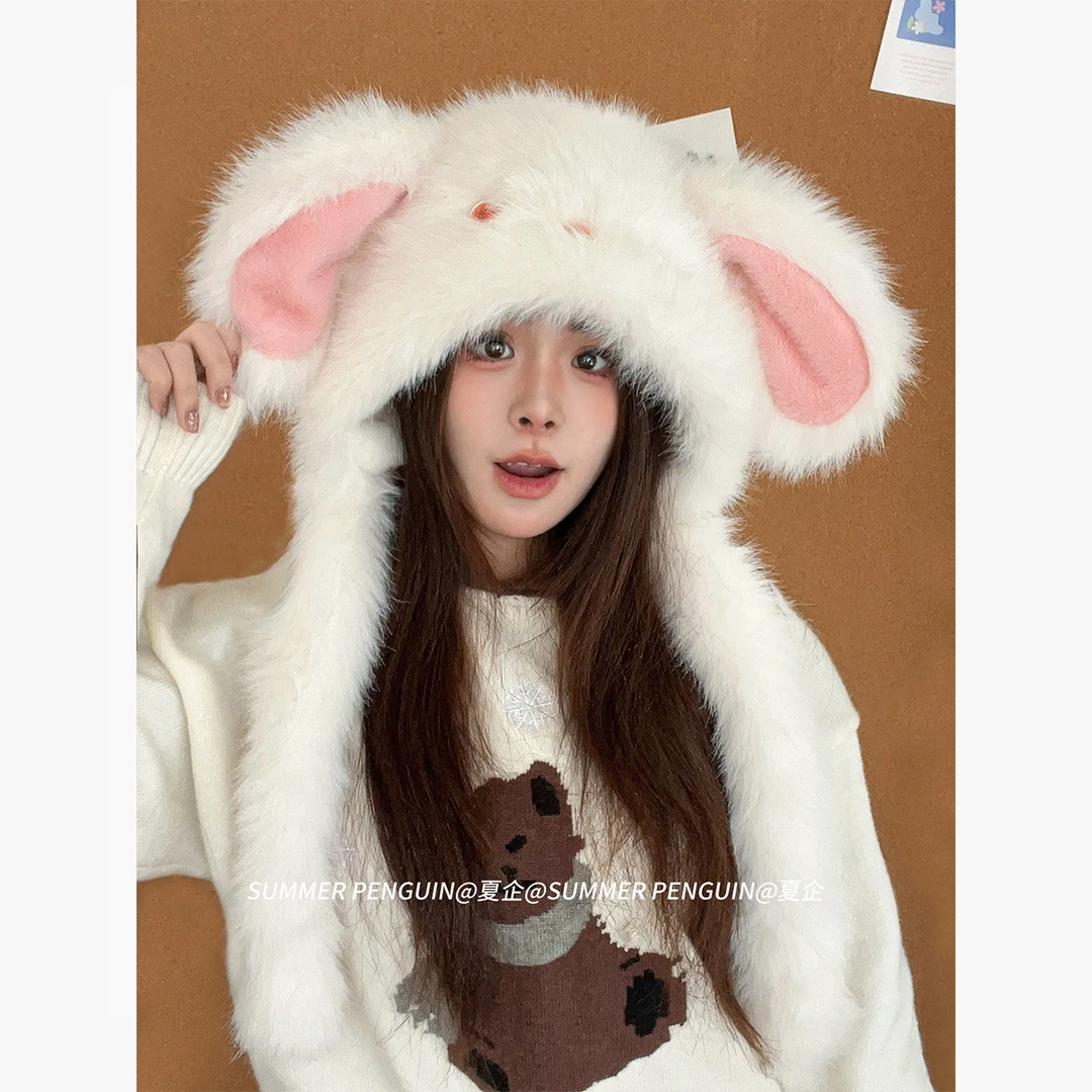 SUMMER PENGUIN捏捏耳朵会动卡通大耳兔加绒加厚毛线女冬保暖帽子