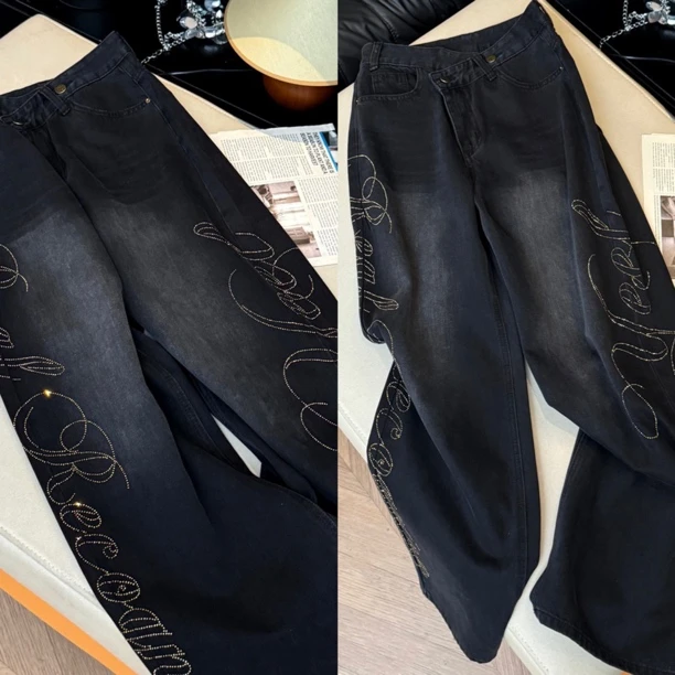 （浠儿家）设计感高低腰烫钻裤腿辣妹高腰直筒宽松显瘦阔腿牛仔长裤