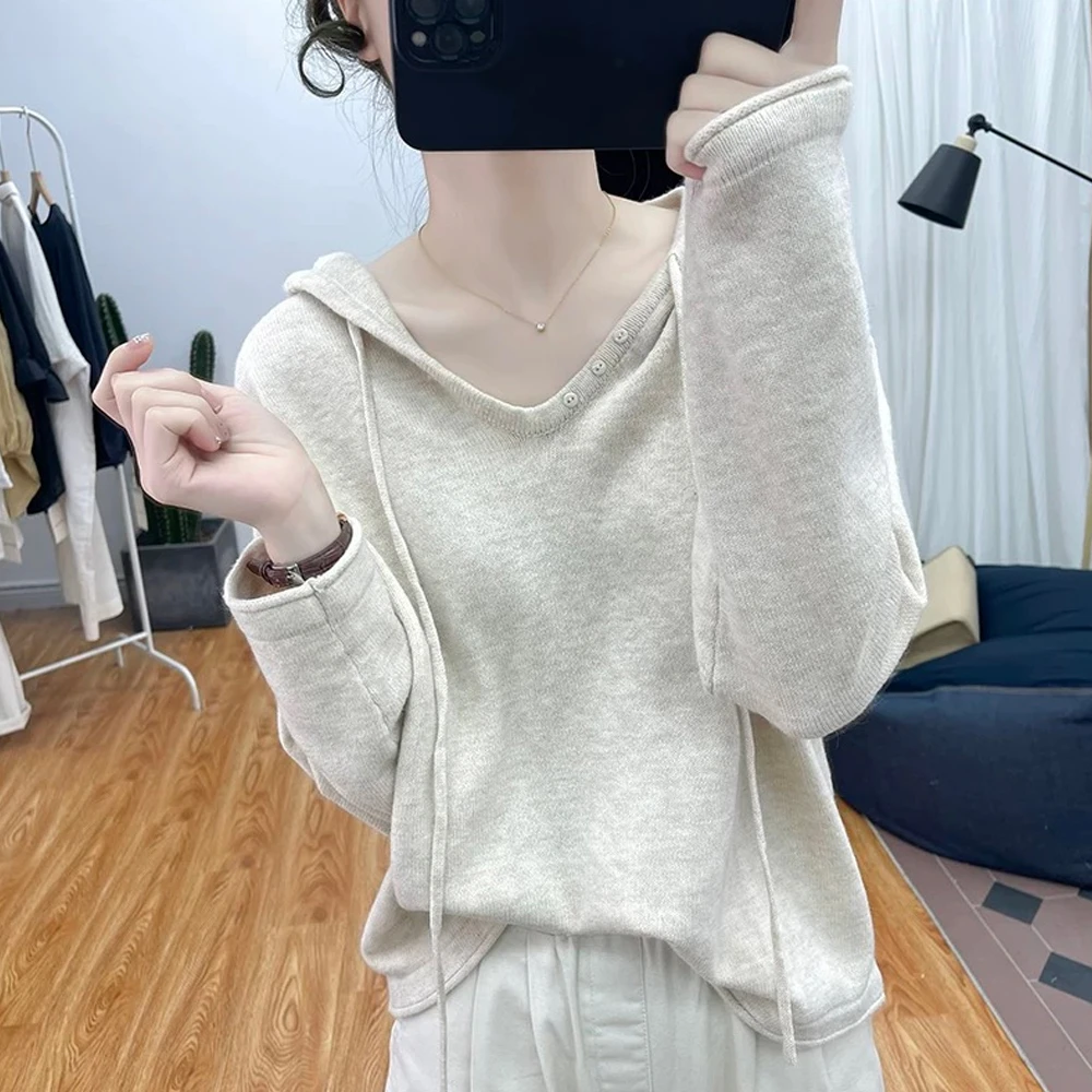 秋冬女装时尚洋气宽松连帽抽绳套头长袖休闲百搭复古针织显瘦毛衣