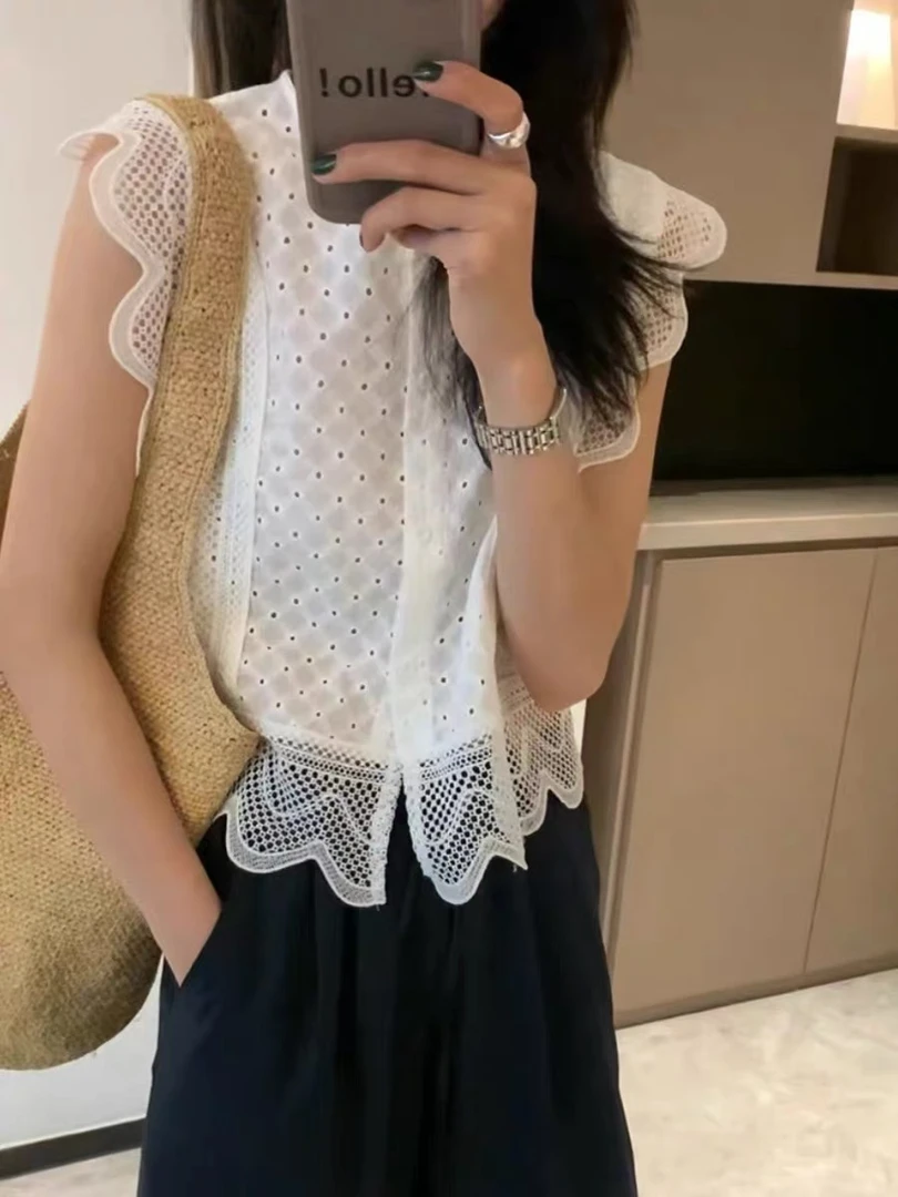 （XI ZI女装）#507休闲减龄蕾丝花边小飞袖衬衫+松紧麻料阔腿裤套装