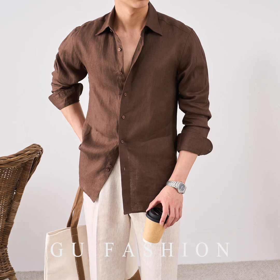 GU FASHION意式休闲尖领100%亚麻长袖衬衣男轻奢高贵透气纯色衬衫