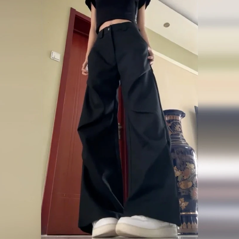 美式辣妹黑色宽松显瘦工装裤女秋新款设计感休闲长裤直筒阔腿裤子