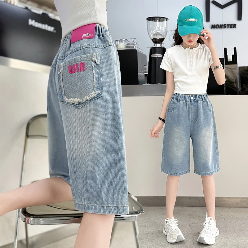 女童裤子夏季薄款短裤时髦字母刺绣中裤中大童宽松休闲牛仔五分裤