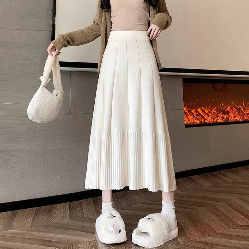 KALUOLAI/卡洛莱高腰显瘦百褶半身裙秋冬新款宽松针织大摆中长裙