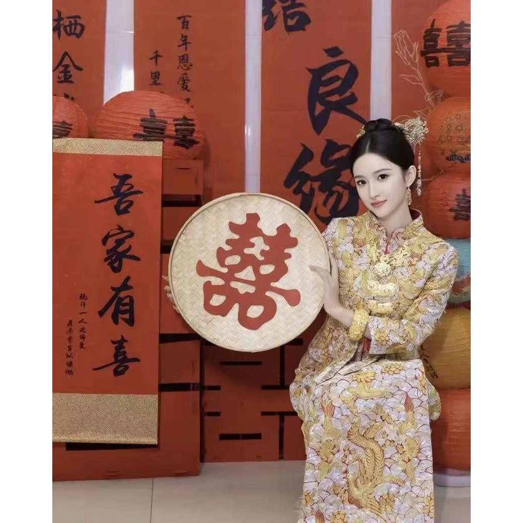 结婚中式装饰簸箕竹编道具婚礼新娘喜字簸箕婚礼道具簸箕