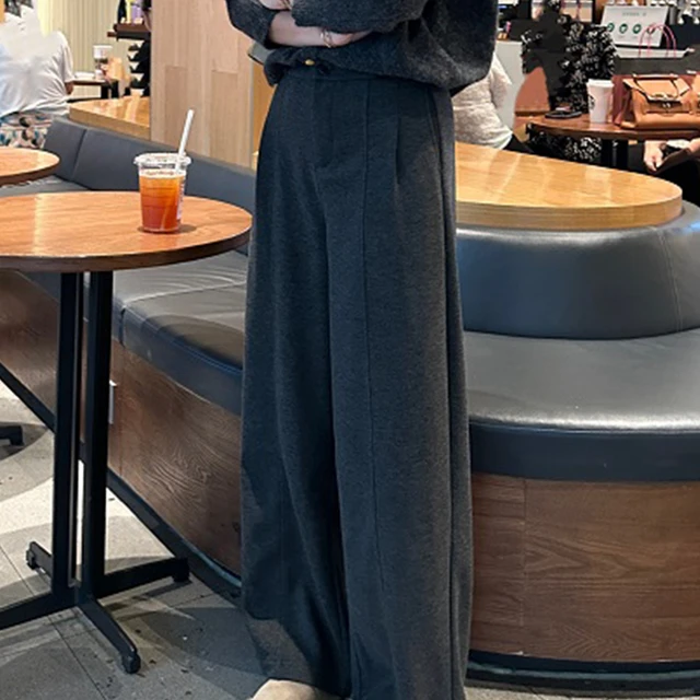 深灰色宽松休闲裤女2025秋季大码胖mm毛呢阔腿裤高腰显瘦糯米裤子