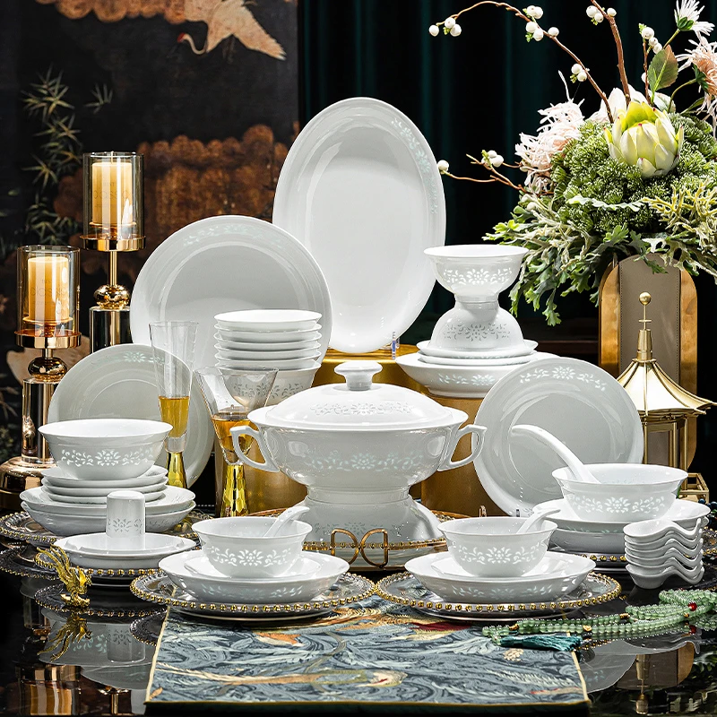 景德镇正品【白瓷玲珑】70件轻奢新款釉下彩高档中式碗盘碟餐具套装