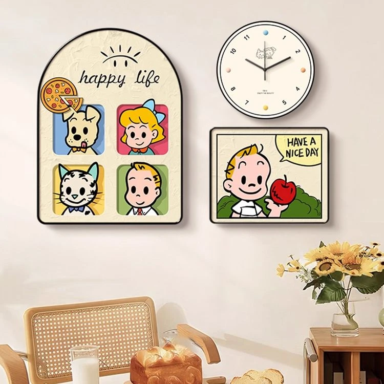 卡通动漫餐厅装饰画多巴胺奶油风客厅背景墙壁画带钟表饭厅挂画