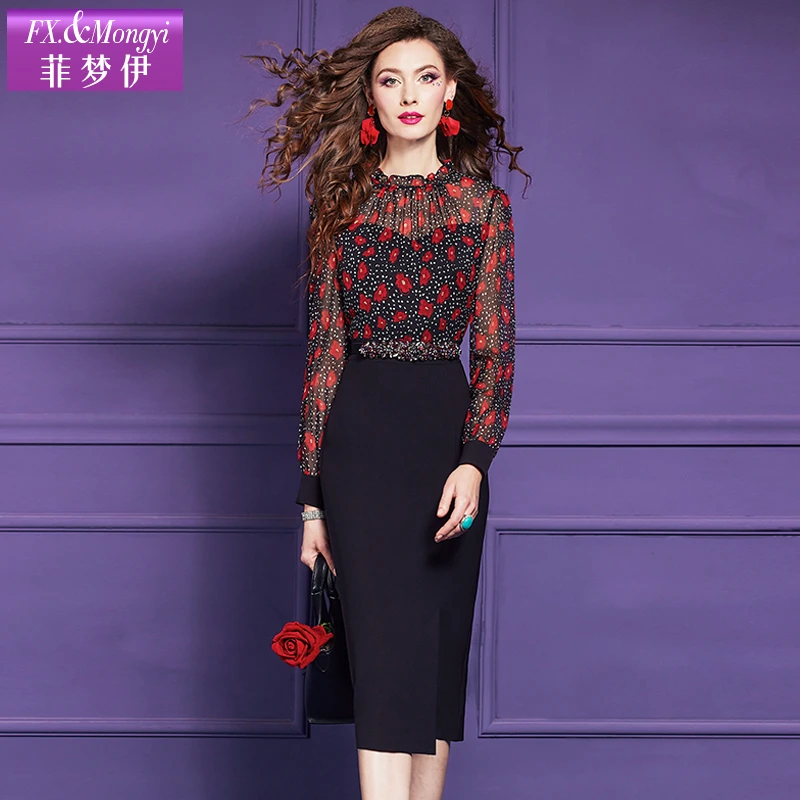 菲梦伊印花假两件衬衫连衣裙女春装新款法式收腰包臀裙子62403