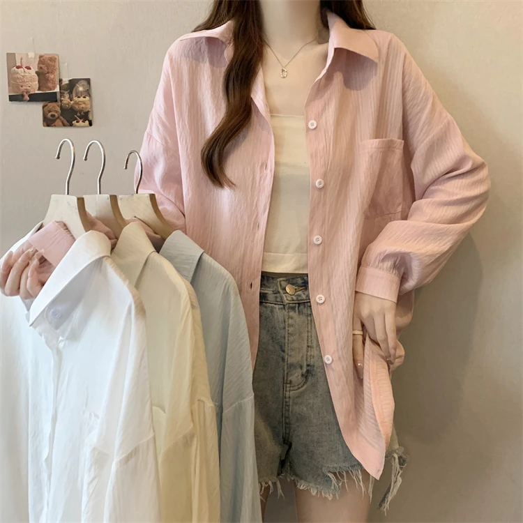 【小曹大码】蓝色长袖衬衫女薄款外搭衬衣复古上衣-QGQY5211