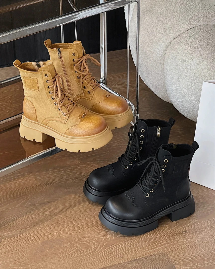 5290-28防水台金属复古马丁靴女春秋单靴系带英伦风大黄靴