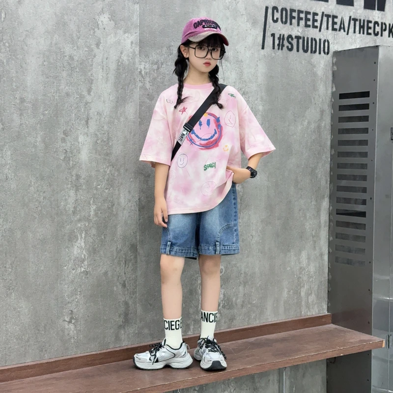 女童套装夏季新款韩版时尚烧花笑脸短袖上衣双腰牛仔中裤两件套