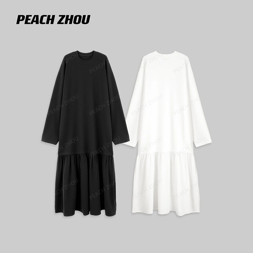 『PEACHZHOU』莱赛尔羊毛棉布下摆拼接宽松气质圆领长袖长款连衣裙