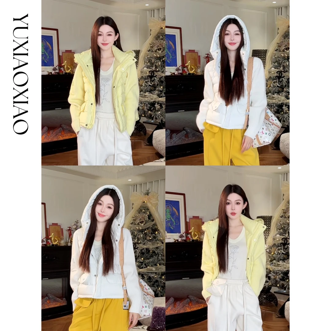 余潇潇【极夜独白】三防轻柔压光90绒连帽短款拼接毛织羽绒外套