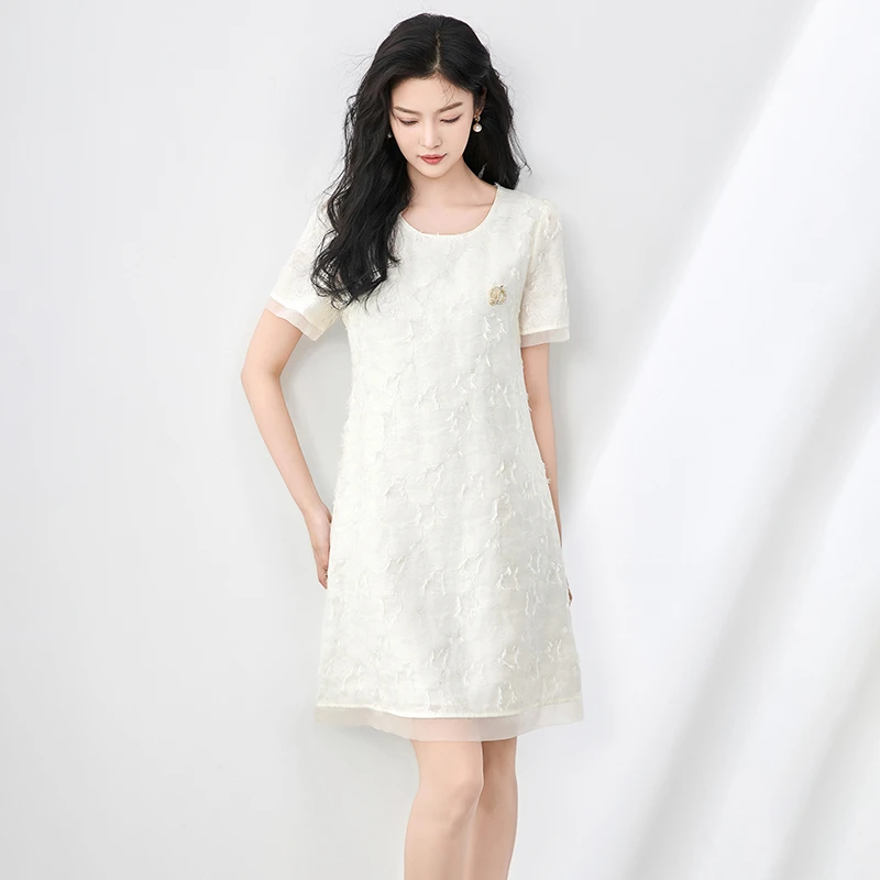 2506505-时尚圆领气质名媛剪花浮雕提花圆领拼接纱连衣裙南油女夏