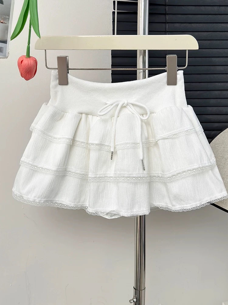 甜美少女白色蕾丝花边蛋糕裙女夏季新款小个子显瘦蓬蓬肌理感短裙