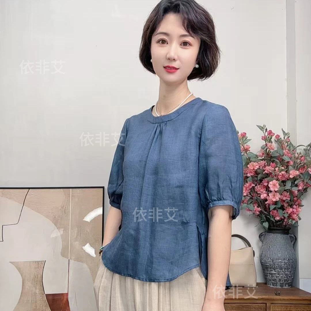 文艺100%苎麻衬衫女2025夏季新款轻薄宽松显瘦衬衣后系扣上衣